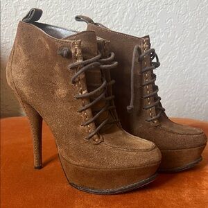 H by Halston Tan "Kate" Stiletto Faux Suede Ankle Booties.